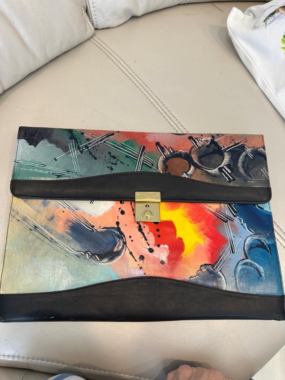 Hand Painted Abstract Multi-Color Canvas Clutch with Black Trim